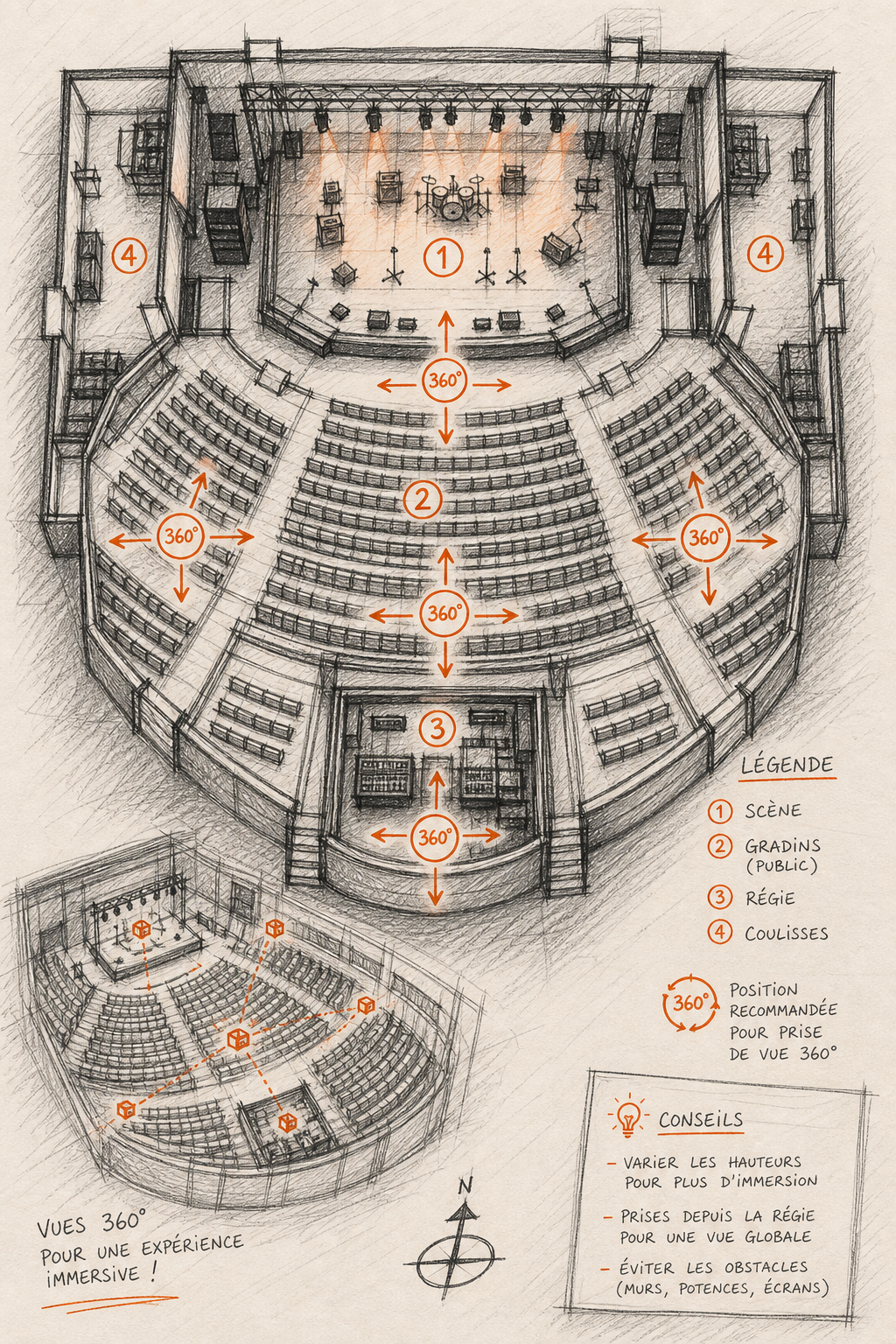 Visite virtuelle 360 interactive salle de concert : tarifs et guide 2 Sketch style: Une salle de concert vue du dessus avec des zones numérotées (scène, gradins, régie, coulisses). Des flèches indiquent les positions de prise de vue 360°. Légende manuscrite. Alt: Plan schématique d'une salle de concert avec emplacements recommandés pour les prises de vue 360.