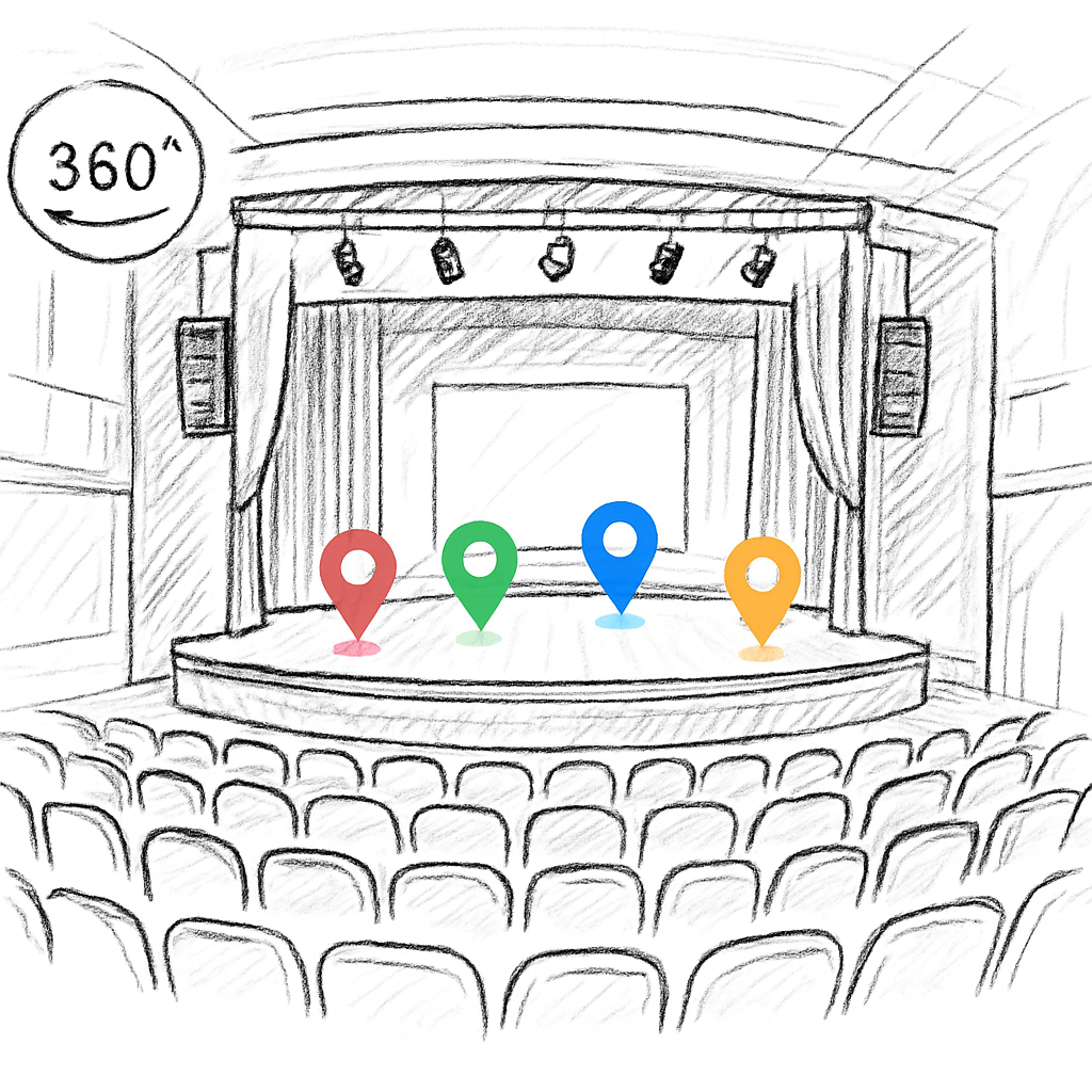 Une capture d’écran d’une visite virtuelle 360 d’une salle de concert, montrant un plan de scène avec des hotspots colorés. Alt: visite virtuelle 360 salle de concert avec annotations techniques