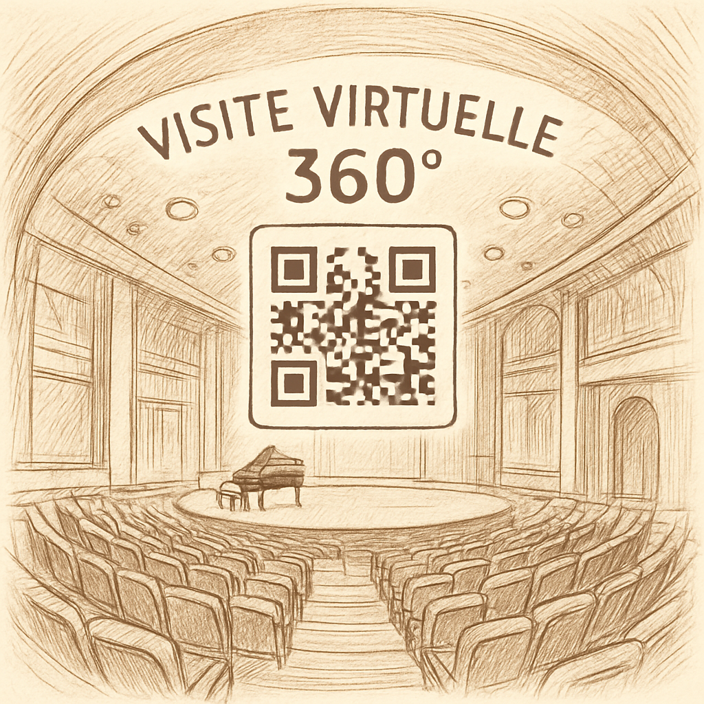 A high‑resolution 360° view of a concert hall interior with visible hotspots and a QR code overlay. Alt: visite virtuelle 360 salle de concert immersive illustration
