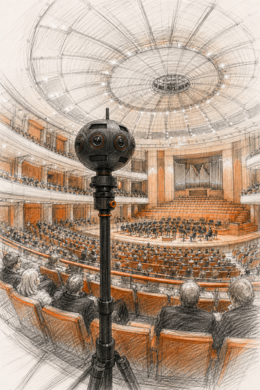 Visite virtuelle 360 salle de concert streaming live : guide complet 1 A photorealistic sketch of a concert hall interior with a 360° camera rig, showing audience seats and stage, bright lighting, immersive view.
