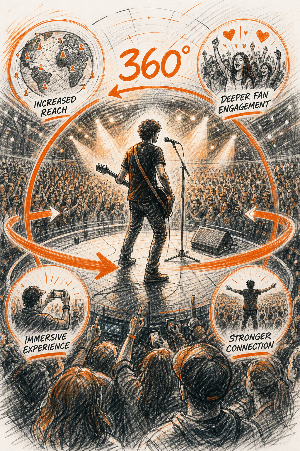 Visite virtuelle 360 salle de concert streaming live : guide complet 2 A sketch showing a musician on stage with a 360° overlay, highlighting benefits like increased reach and fan engagement, vibrant colors.