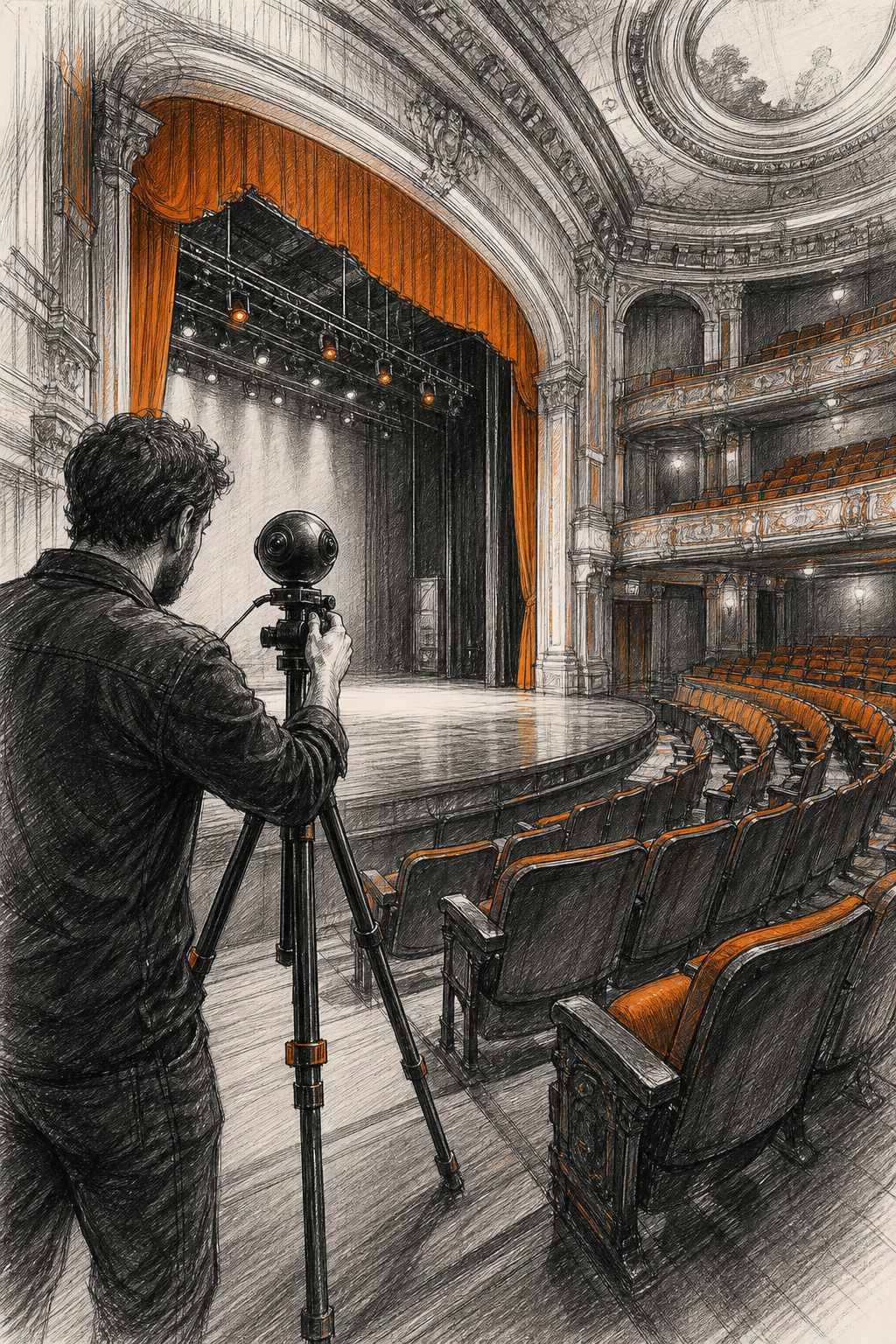 Visite Virtuelle 360 Théâtre : Prix et Guide Pas à Pas 1 Un photographe professionnel utilise un trépied et une caméra 360 dans un théâtre vide, la scène étant éclairée. Style esquisse. Alt: photographe réalisant une visite virtuelle 360 dans un théâtre