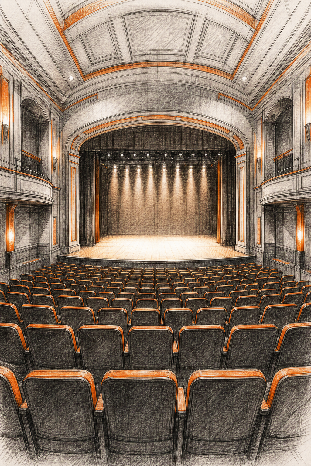 Visite Virtuelle 360 Théâtre : Prix et Guide Pas à Pas 2 Une salle de théâtre vide et propre, avec les sièges alignés, la scène éclairée et aucun objet gênant. Style esquisse. Alt: salle de théâtre préparée pour une visite virtuelle 360