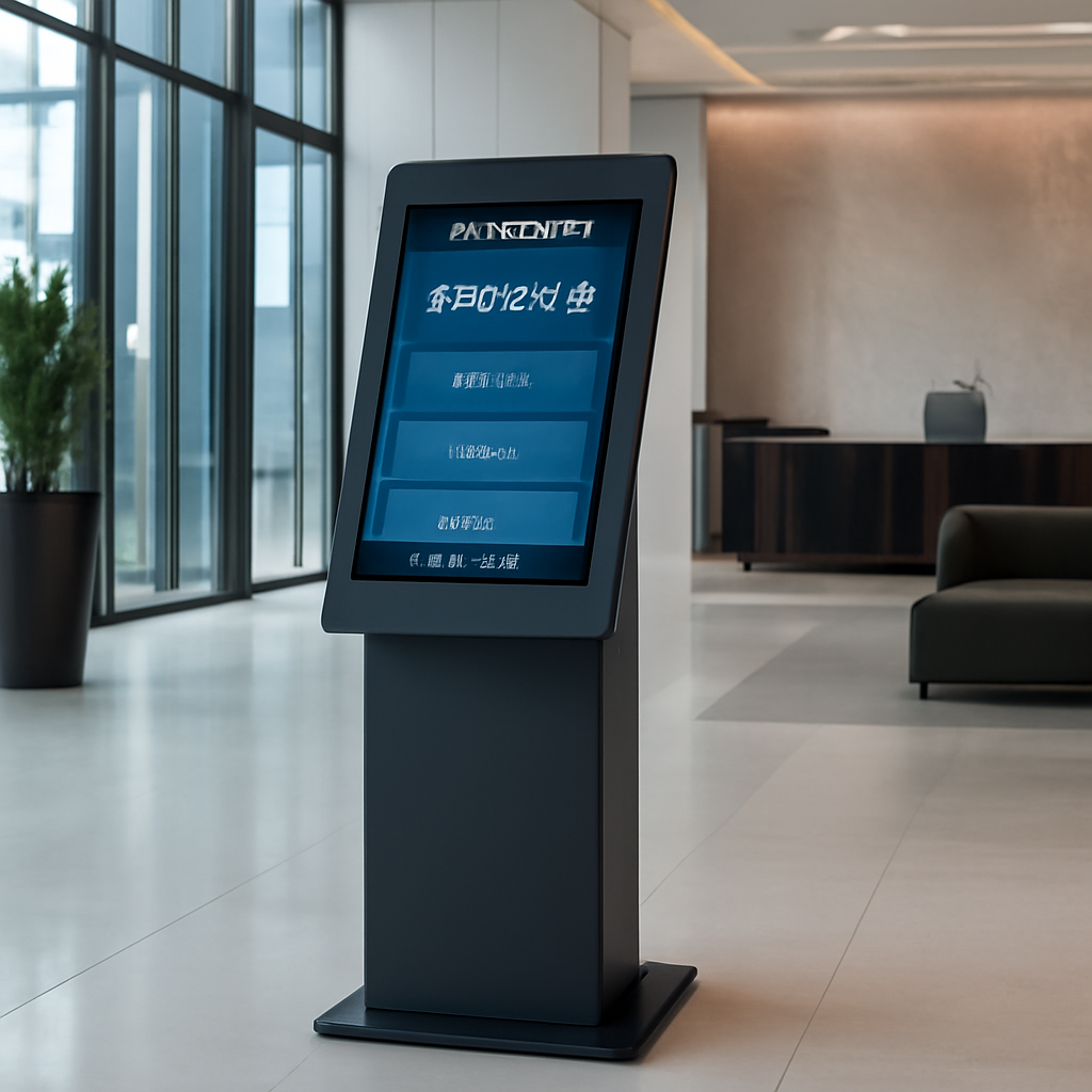 A modern Dubai building lobby with a sleek visitor check‑in kiosk displaying a digital screen, Alt: visitor management system dubai lobby.