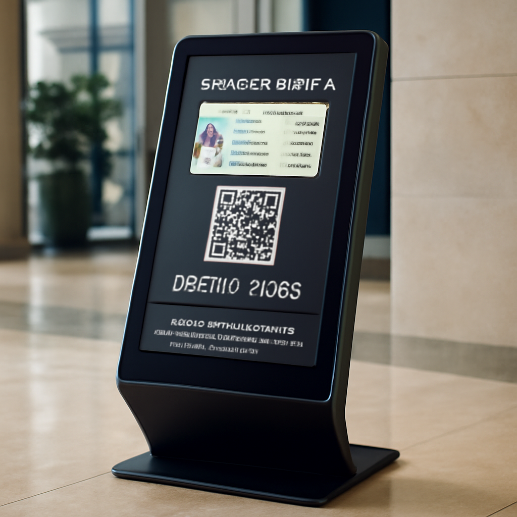 A sleek Dubai lobby kiosk displaying an Emirates ID scan, with a digital pass QR code on the screen. Alt: visitor management system dubai compliance and security standards.