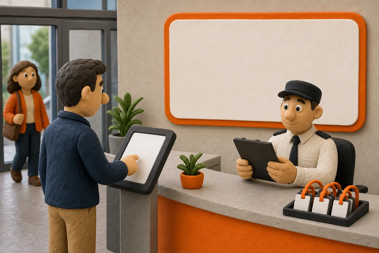 visitor management system check-in workflow at a secure office reception
