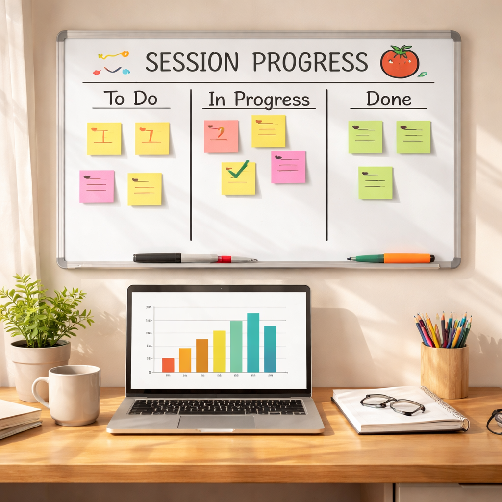 A photorealistic scene showing a clean wooden desk with a whiteboard displaying a visual progress tracker for Pomodoro sessions, sticky notes moving from “in progress” to “done,” a laptop screen with a digital bar chart, soft natural lighting. Alt: visual progress tracker for sessions board illustration.