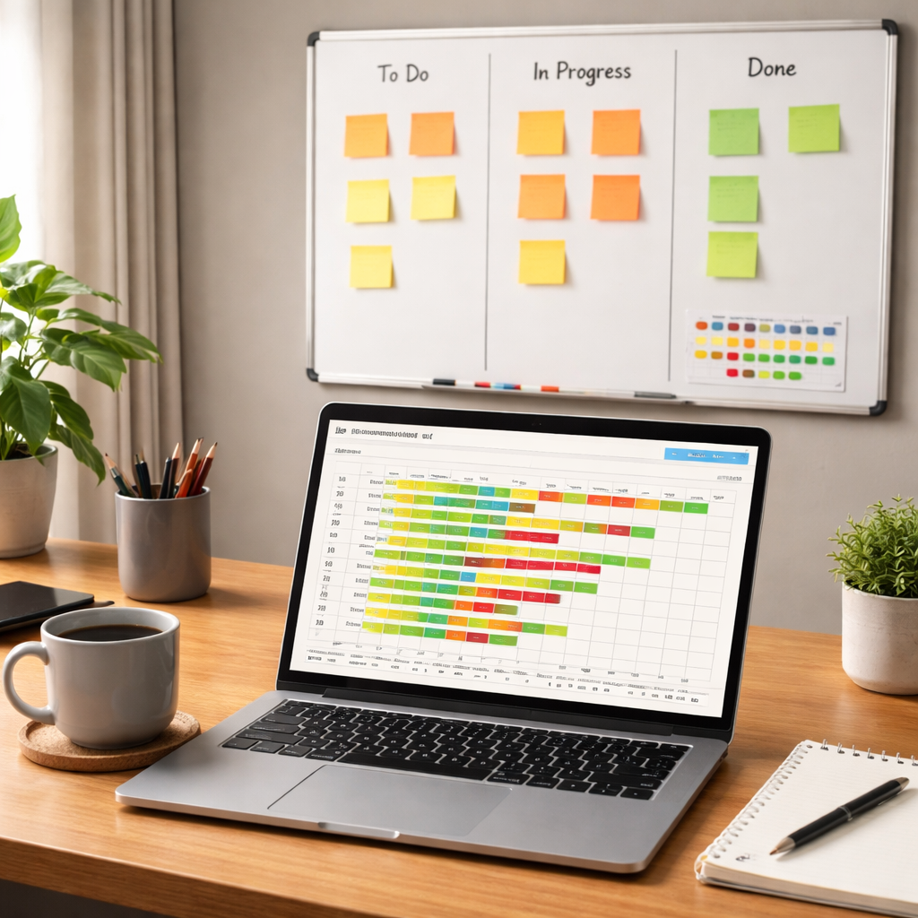 A photorealistic scene of a modern home office desk with a laptop displaying a colour‑coded spreadsheet chart of Pomodoro sessions, a whiteboard with sticky notes in three columns, and a coffee mug. Alt: visual progress tracker for sessions data integration showing both physical and digital tracking tools.