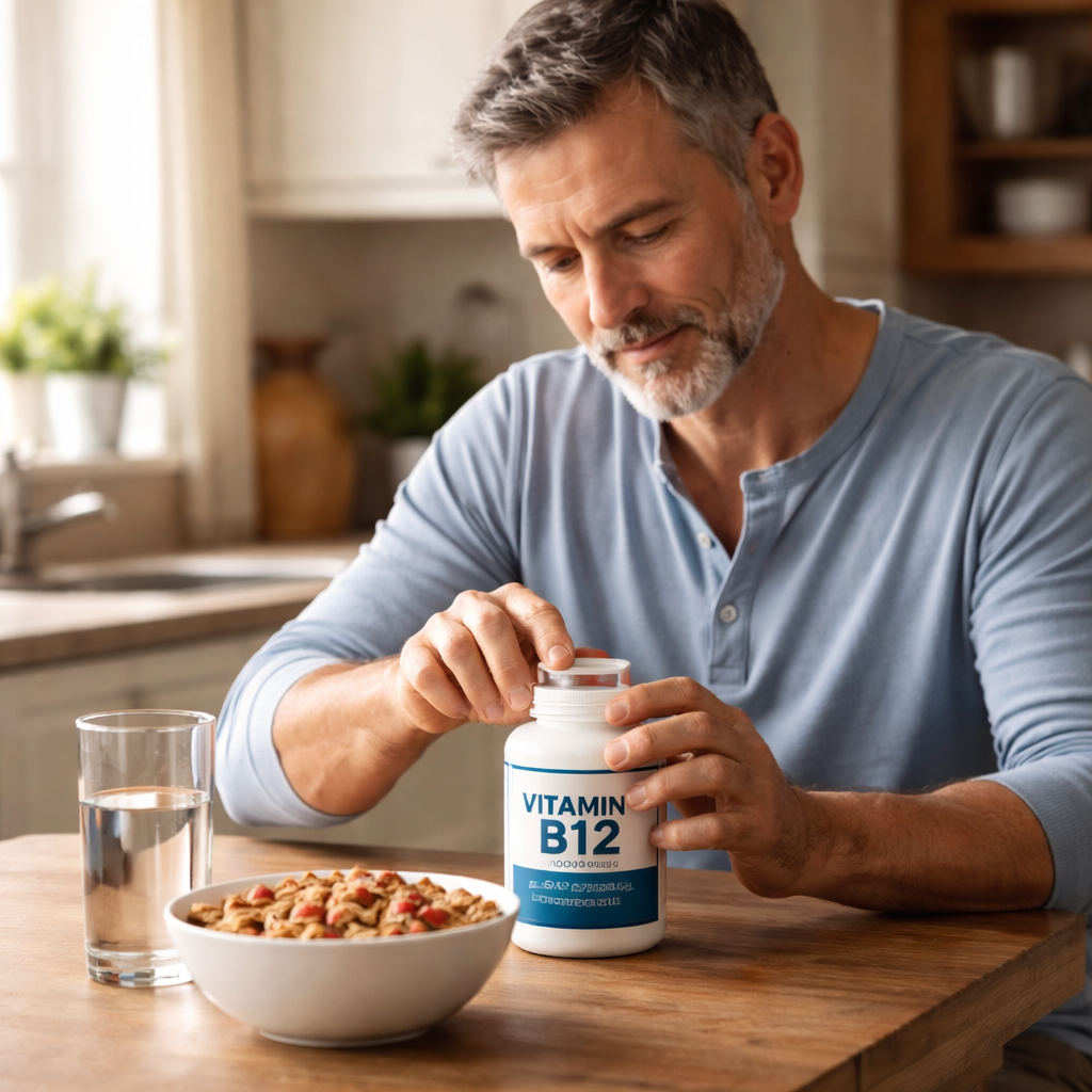 A photorealistic scene of a middle‑aged man sitting at a kitchen table, opening a bottle of vitamin B12 capsules beside a glass of water and a bowl of fortified cereal, soft natural lighting, realistic style. Alt: Vitamin B12 supplement for men over 50 fatigue