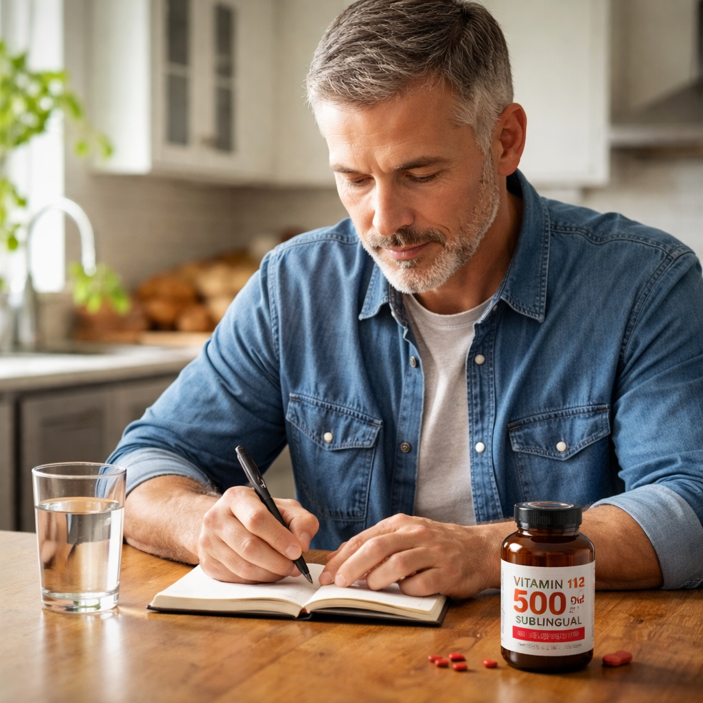 A photorealistic scene of a middle‑aged man sitting at a kitchen table, writing in a small notebook while a bottle of vitamin B12 sub‑lingual tablets sits beside a glass of water. Alt: Tracking B12 supplement progress for men over 50.
