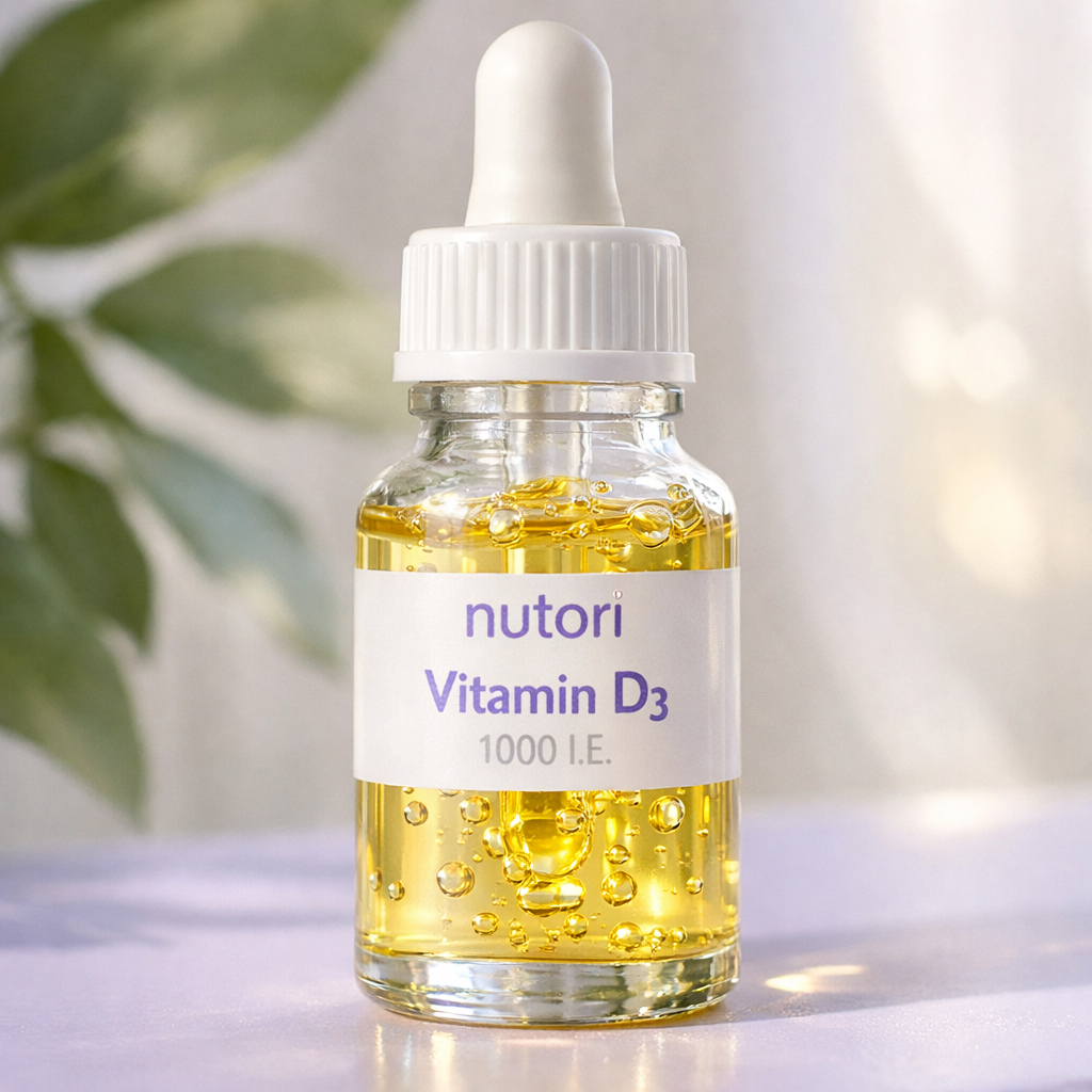 A realistic close‑up of natural vitamin D3 oil droplets glistening in a clear glass vial, soft natural lighting, with a subtle backdrop of plant leaves , Alt: vitamin D3 oil supplement illustration