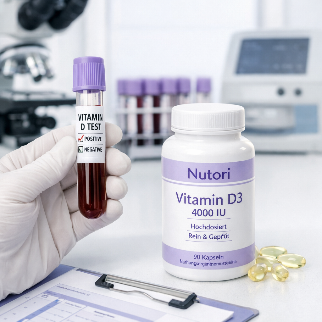 A realistic illustration of a doctor’s hand holding a blood sample tube next to a vitamin D supplement bottle, showing a lab setting , Alt: vitamin D monitoring and dosage adjustment