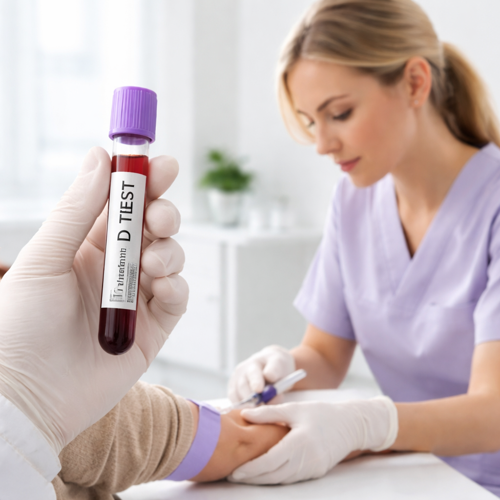 A realistic photo of a nurse drawing blood from a forearm, showing the test tube and lab label. Alt: vitamin d blood test sample collection