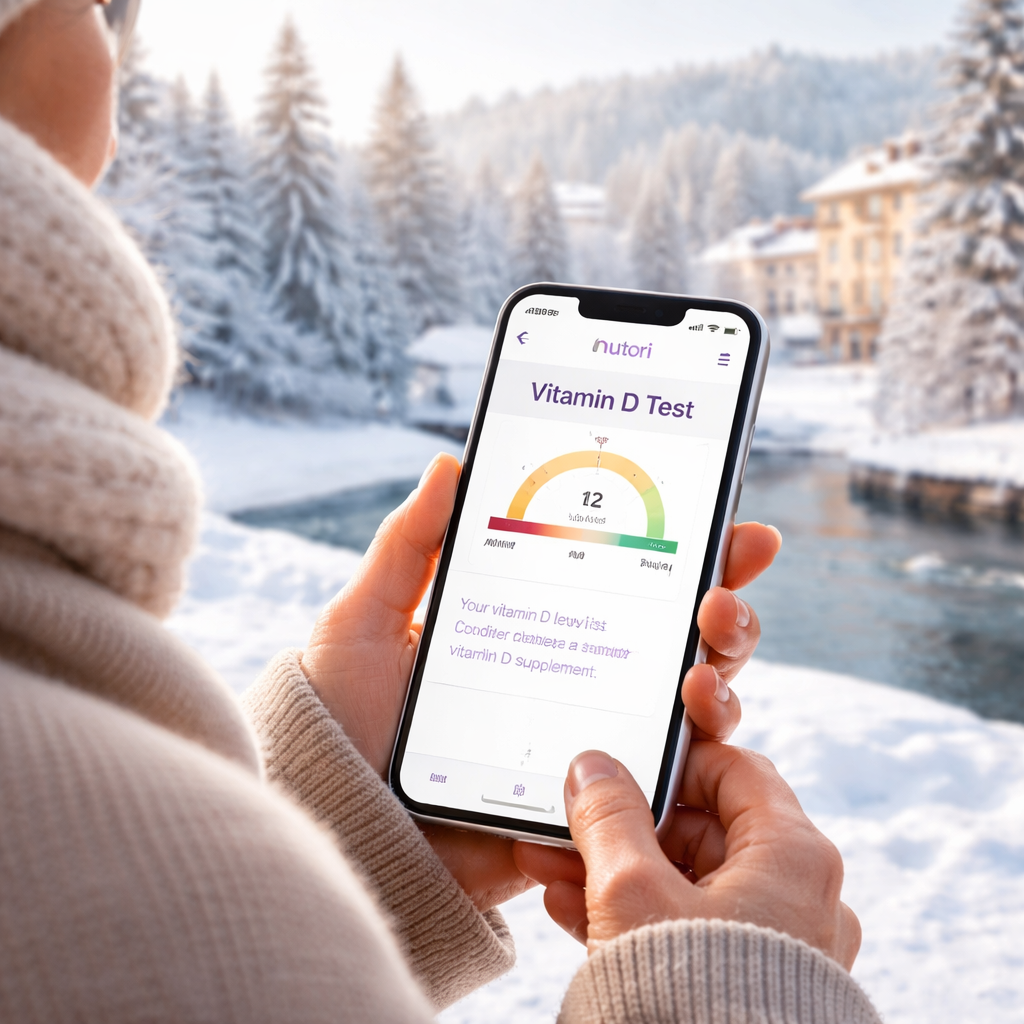 A realistic image of a person checking their vitamin D test result on a smartphone, with a winter landscape in the background. Alt: vitamin d test result winter timing