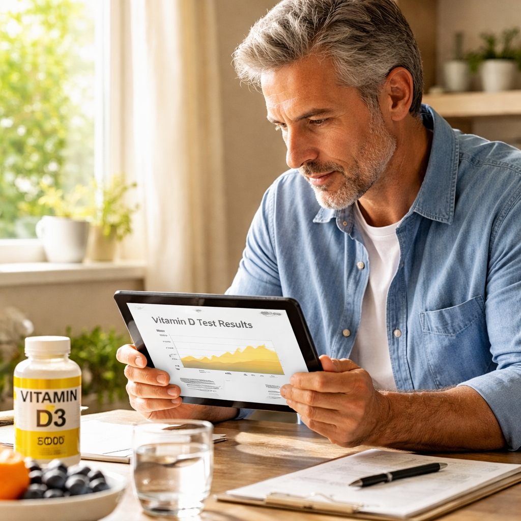 A photorealistic scene of a middle‑aged man reviewing his vitamin D blood test results on a tablet, sunlight streaming through a window, a bottle of vitamin D3 supplement beside him. Alt: Understanding vitamin D needs for men over 40