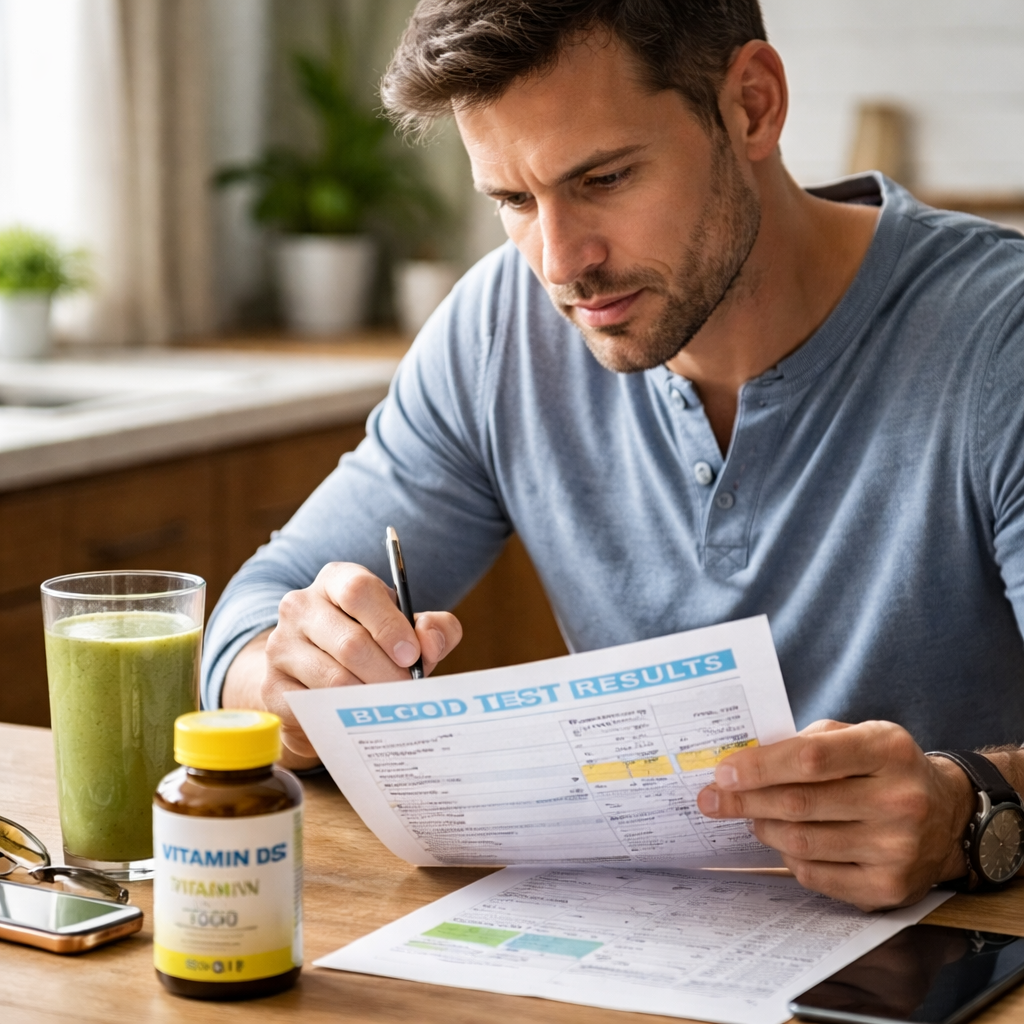 A photorealistic close‑up of a man in his early 40s checking a printed blood test result on a kitchen table, next to a bottle of vitamin D3 supplement and a glass of avocado‑oil‑rich smoothie, emphasizing monitoring and adjustment. Alt: Man monitoring vitamin D levels with supplement nearby.