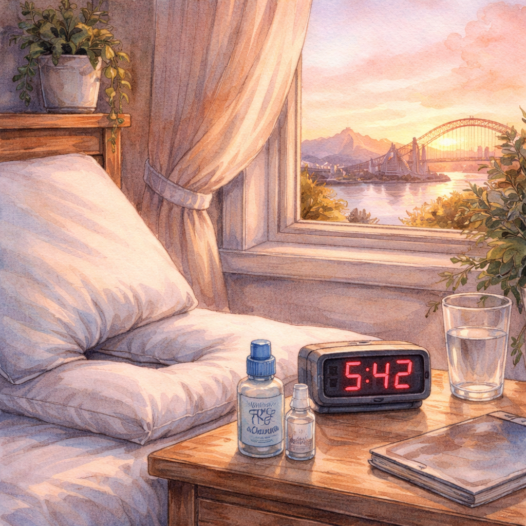 A soft watercolor painting of a cozy Sydney bedroom at night, showing a nightstand with a phone alarm, a bottle of preservative‑free eye drops, a supportive pillow, and a gentle sunrise visible through a window, illustrating a vitrectomy recovery station. Alt: Vitrectomy recovery station nightstand Sydney watercolor.