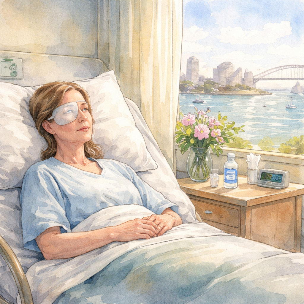 A watercolor illustration showing a Sydney clinic recovery scene after vitrectomy, a patient resting with an eye shield, bedside table with preservative‑free tears, and soft coastal light from a window; the scene feels calm and hopeful. Alt: Vitrectomy recovery Sydney watercolor illustration of patient with eye shield in recovery room.