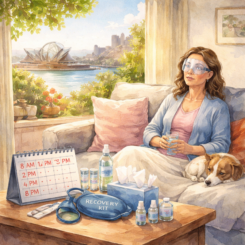 A watercolor illustration showing a patient in a cozy Sydney living room recovering from a vitrectomy, wearing an eye shield, a recovery kit on the table, a calendar with marked drop times, and soft daylight through a window. Alt: Vitrectomy recovery in Sydney watercolor scene showing post-op care.