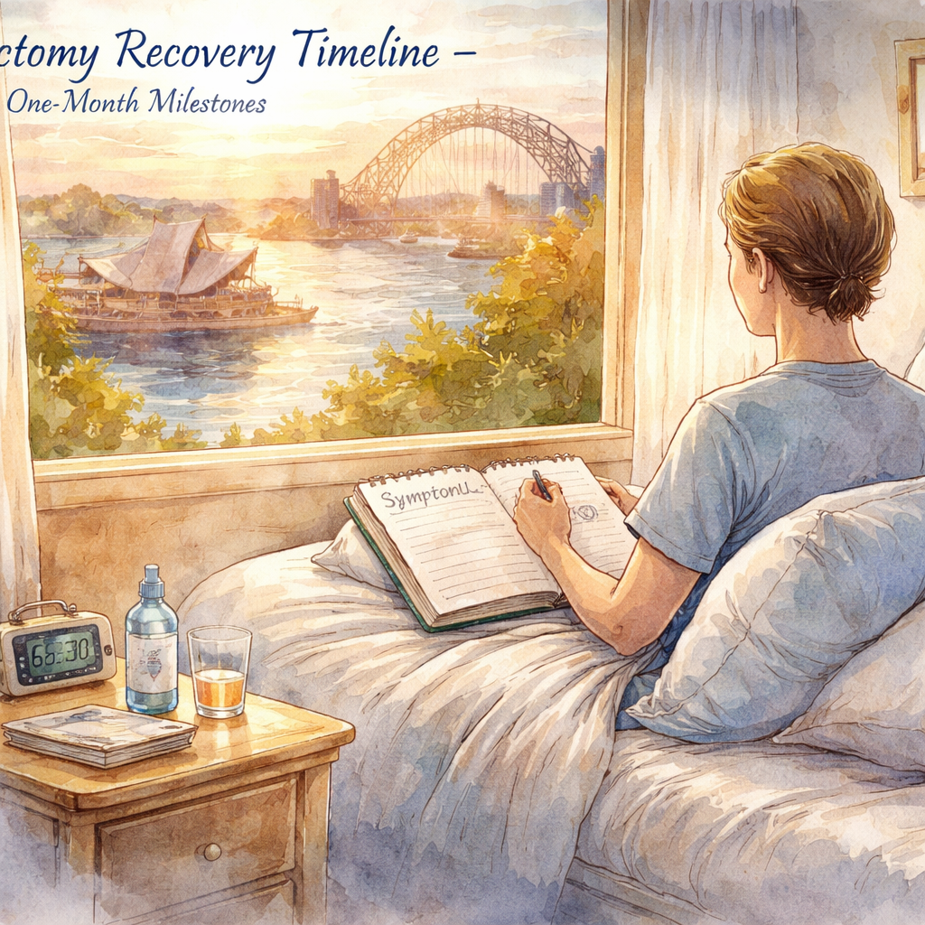 A soft watercolor painting of a Sydney bedroom at sunrise, showing a patient sitting up in bed with a supportive pillow, a notebook open with a symptom log, a bottle of eye drops on the bedside table, and a window overlooking the harbour. Alt: Vitrectomy recovery timeline – one‑month milestones illustration.