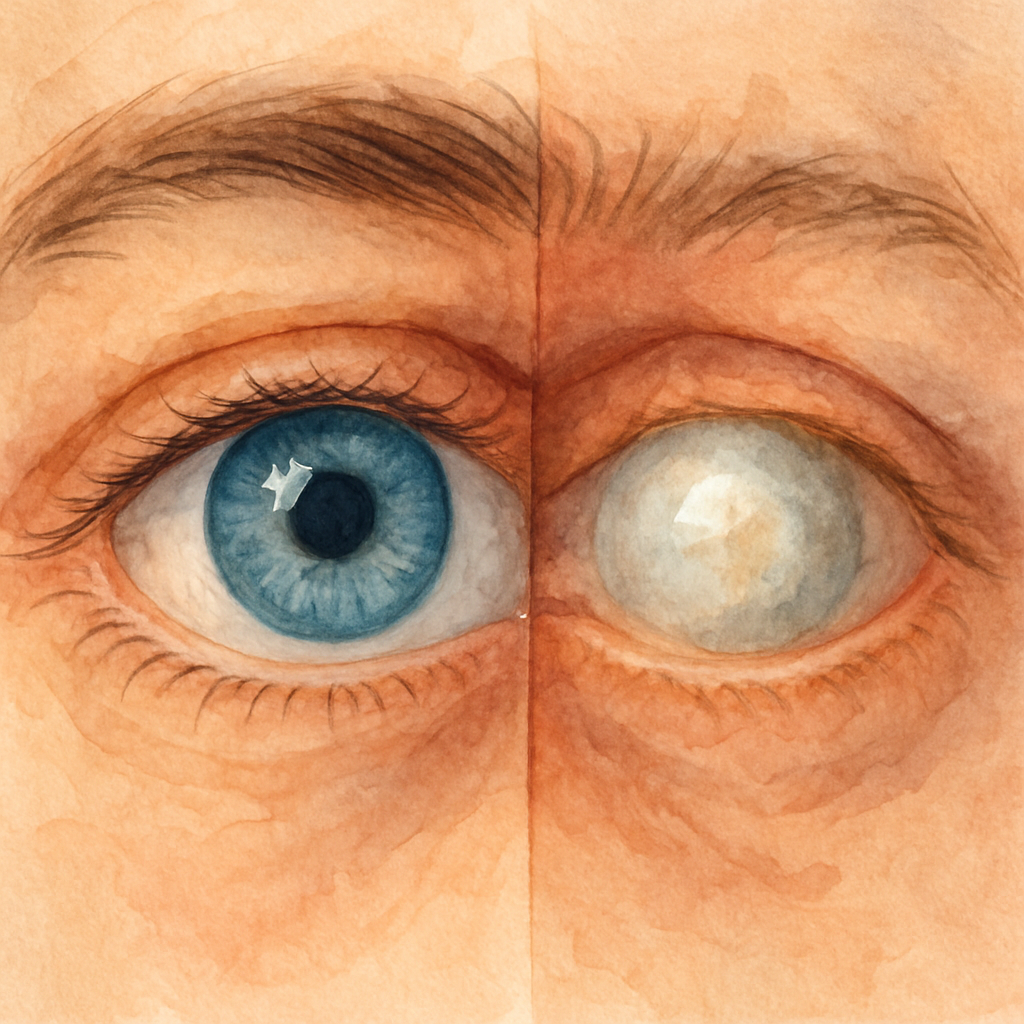 A close‑up of an eye showing a clear lens on one side and a cloudy cataract‑affected lens on the other, highlighting the contrast. Alt: Cataract formation after vitrectomy, showing before and after lens clarity.