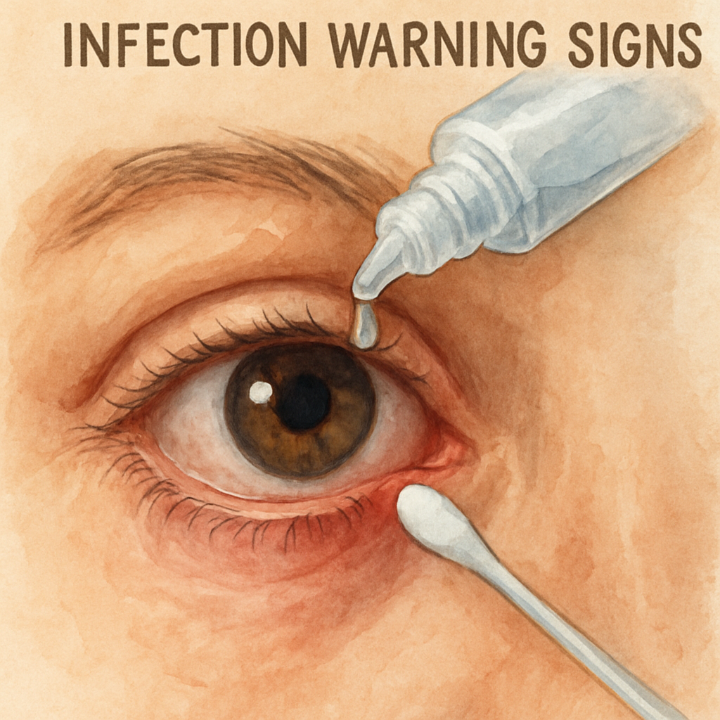 A close‑up of an eye with a subtle redness around the incision site, showing a sterile cotton swab and eye drops. Alt: Post‑vitrectomy infection warning signs.