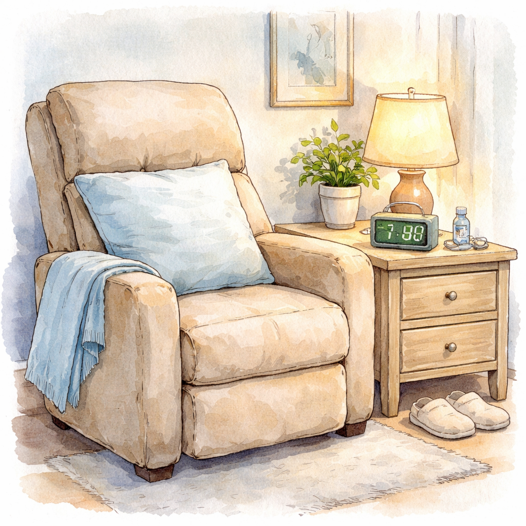 Watercolor illustration of a calm bedroom corner with a recliner, a pillow, a phone alarm, and eye‑drop bottle on a nightstand, symbolizing immediate post‑op care. Alt: vitreoretinal surgery immediate post‑op care setup