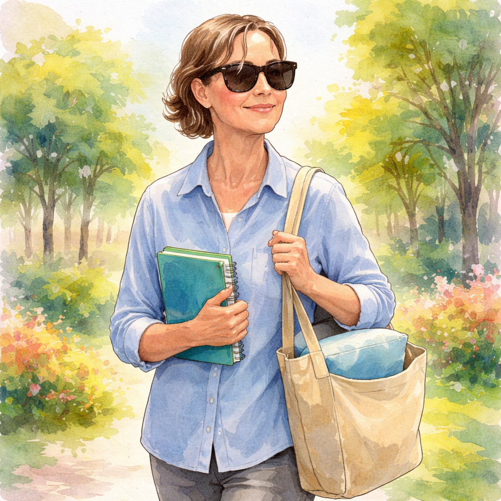 Watercolor scene showing a person gently walking outdoors with sunglasses, a notebook, and a small pillow in a bag, symbolizing returning to normal activities after vitreoretinal surgery. Alt: returning to normal activities after vitreoretinal surgery