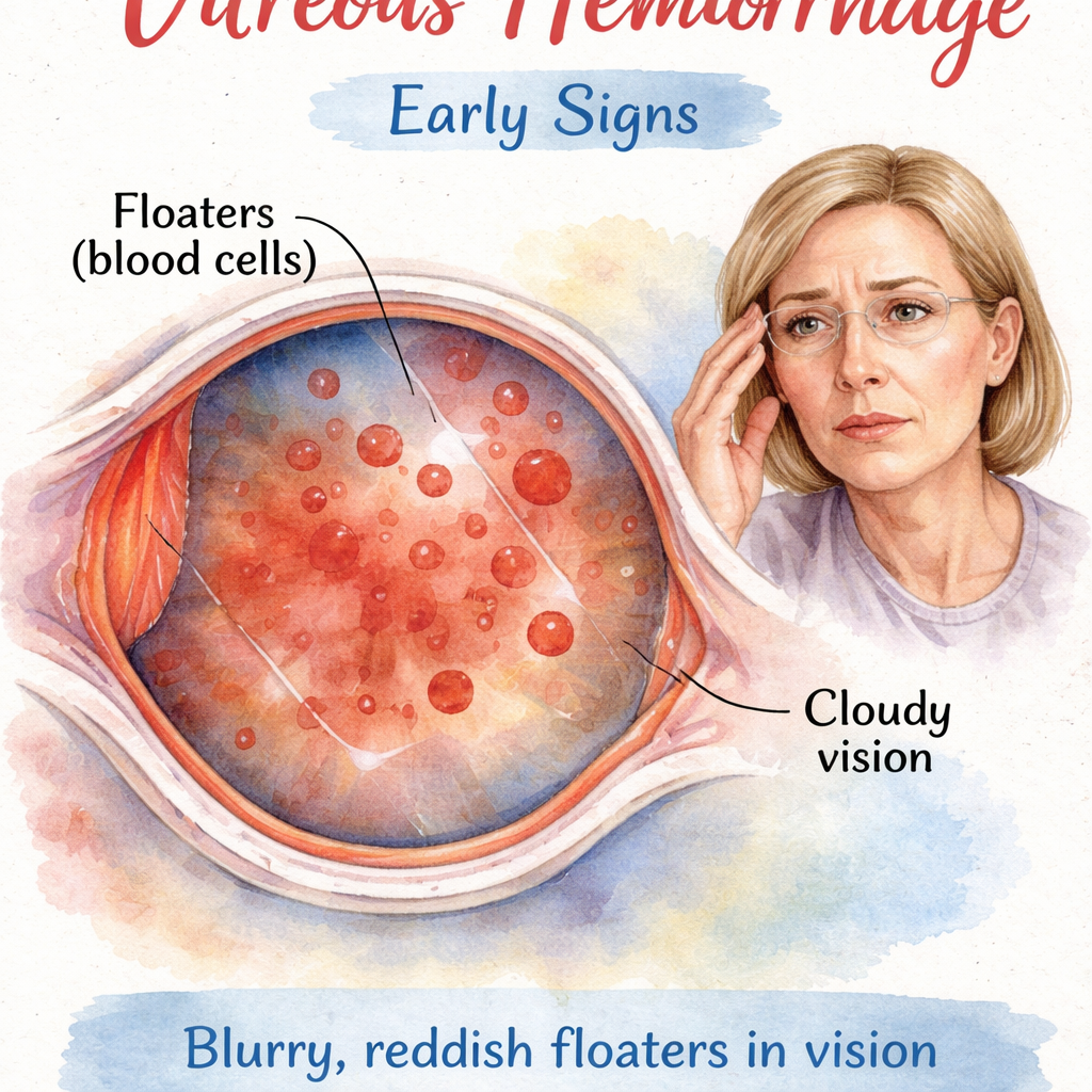 A watercolor illustration of an eye showing blood cells floating in the vitreous humor, with a patient looking concerned. Alt: vitreous hemorrhage early signs visual guide