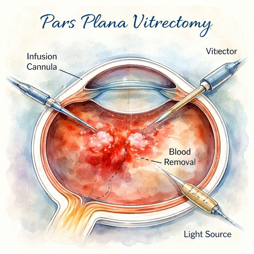 A watercolor diagram of a 23‑g pars plana vitrectomy, showing instrument entry points and blood removal. Alt: pars plana vitrectomy technique for vitreous hemorrhage