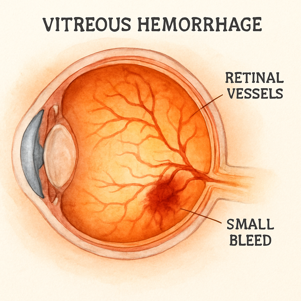 A close‑up illustration of the eye showing the vitreous humor, retinal vessels, and a small bleed entering the vitreous cavity. Alt: Diagram of vitreous hemorrhage causes highlighting abnormal vessels, posterior vitreous detachment, and adjacent source bleeding.