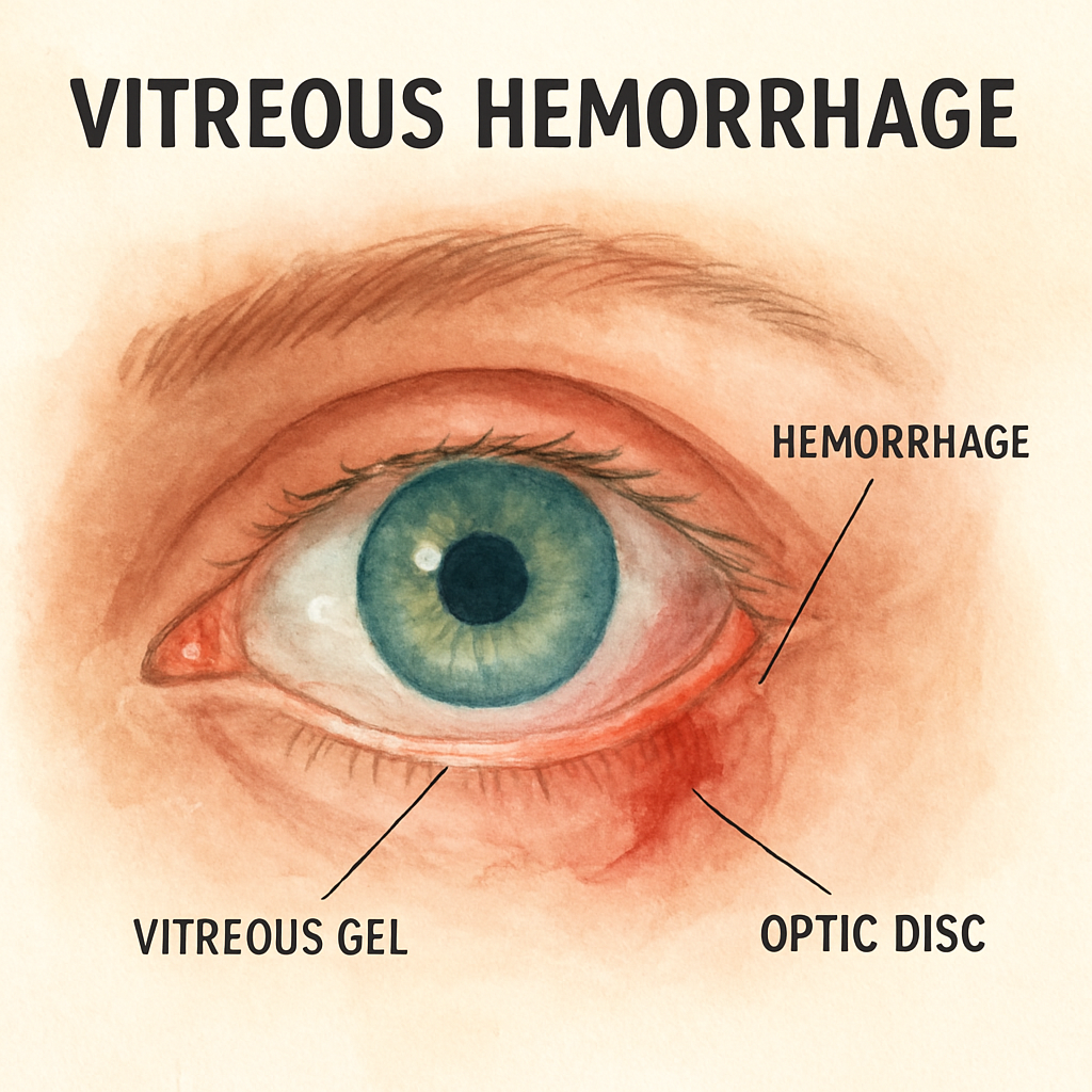 Close‑up of an eye showing vitreous gel with a small bleed near the optic disc, highlighting the different sources of hemorrhage. Alt: Diagram of vitreous hemorrhage risk factors.
