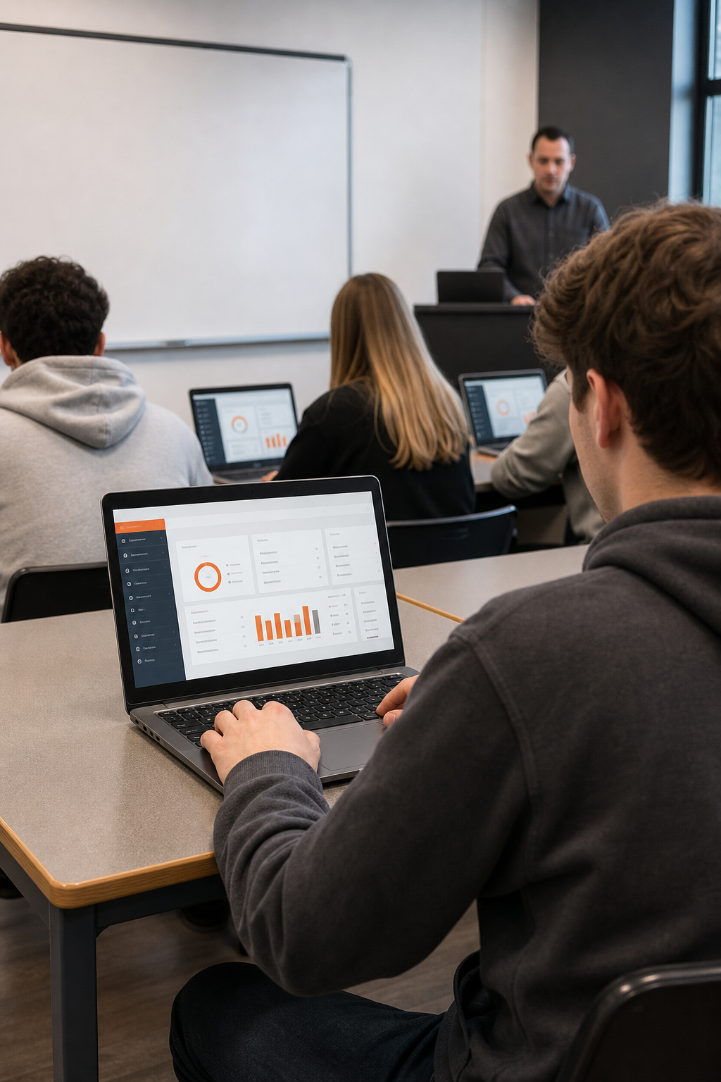 A realistic classroom where students use laptops to register for a trade workshop, showing a dashboard interface on screen. Alt: vocational school management software dashboard