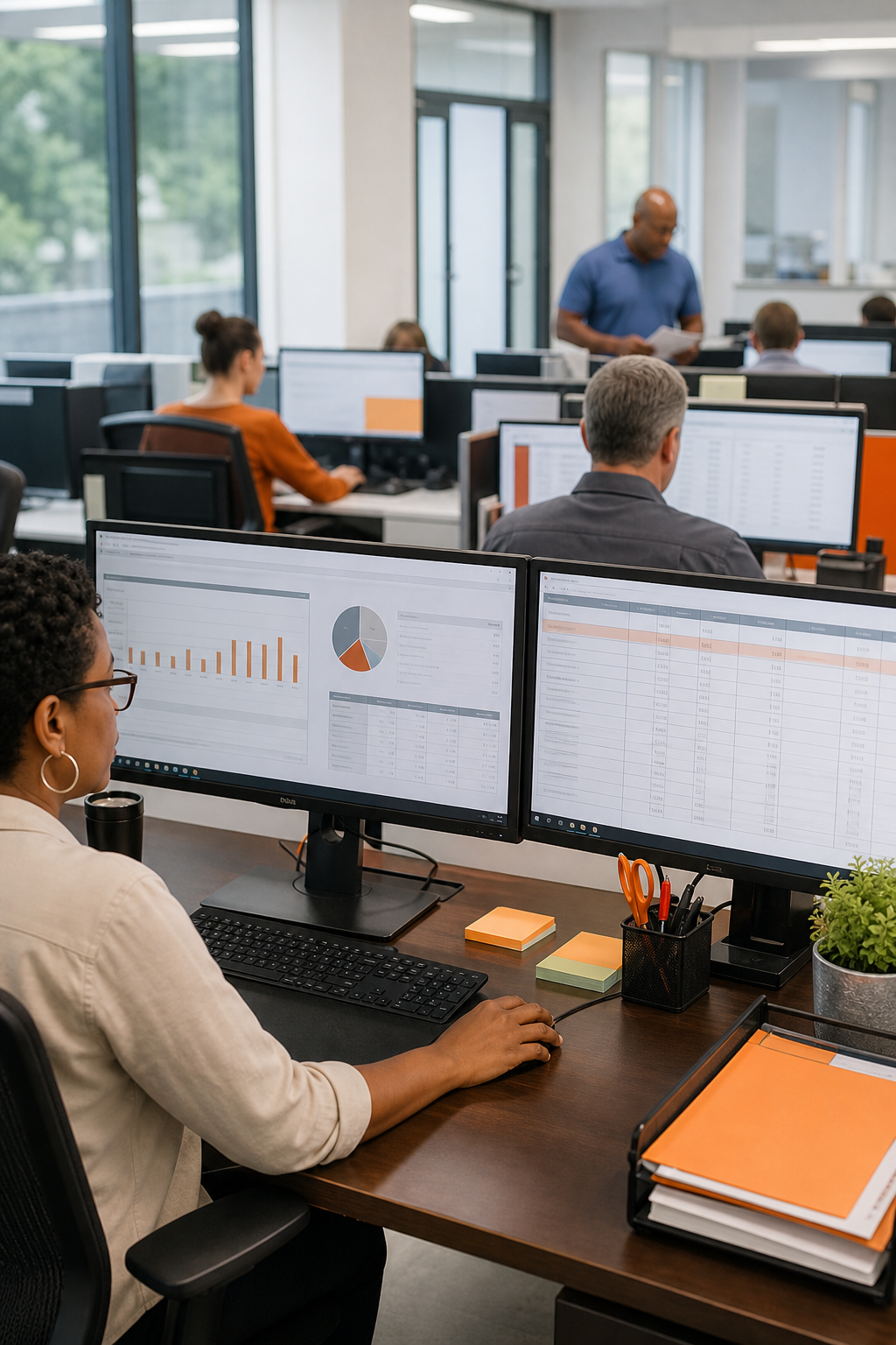A realistic scene of a busy vocational campus office with staff reviewing student data on large monitors. Alt: Robust student information system in use at a vocational school