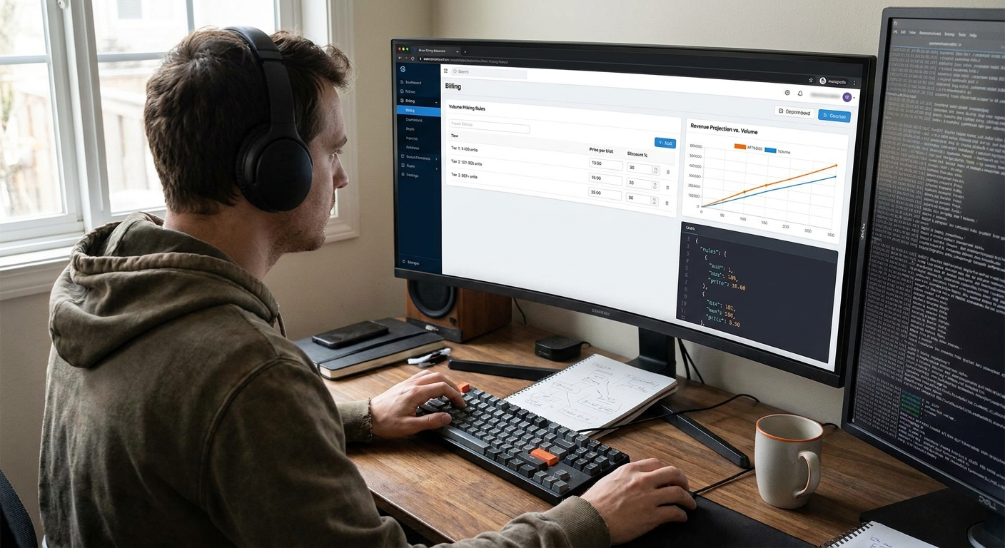 A realistic scene showing a developer configuring volume pricing rules on a billing dashboard, with charts and code snippets visible. Alt: volume pricing dashboard