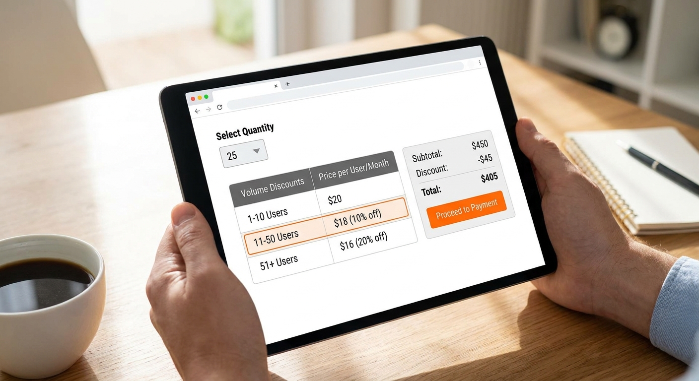 A realistic illustration of a checkout page displaying tiered volume discounts for a SaaS product, with a user selecting quantity. Alt: checkout volume discount illustration