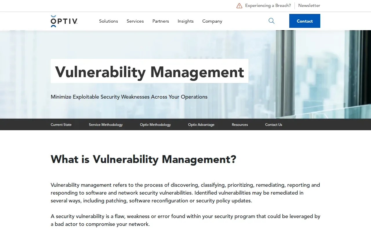 Screenshot of the Vulnerability Management Services by Optiv website
