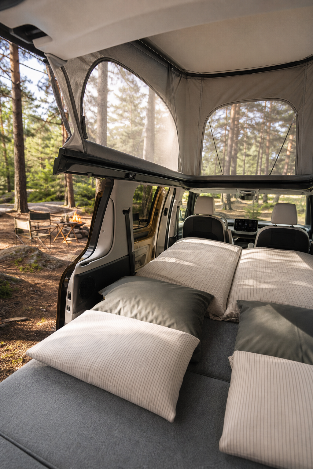 A photorealistic view of the ID Buzz model with the premium pop‑top lifted, showing a bright interior loft, natural light pouring through the canvas, and a cozy twin mattress set up, surrounded by a forest campsite. Alt: ID Buzz pop‑top roof conversion interior loft
