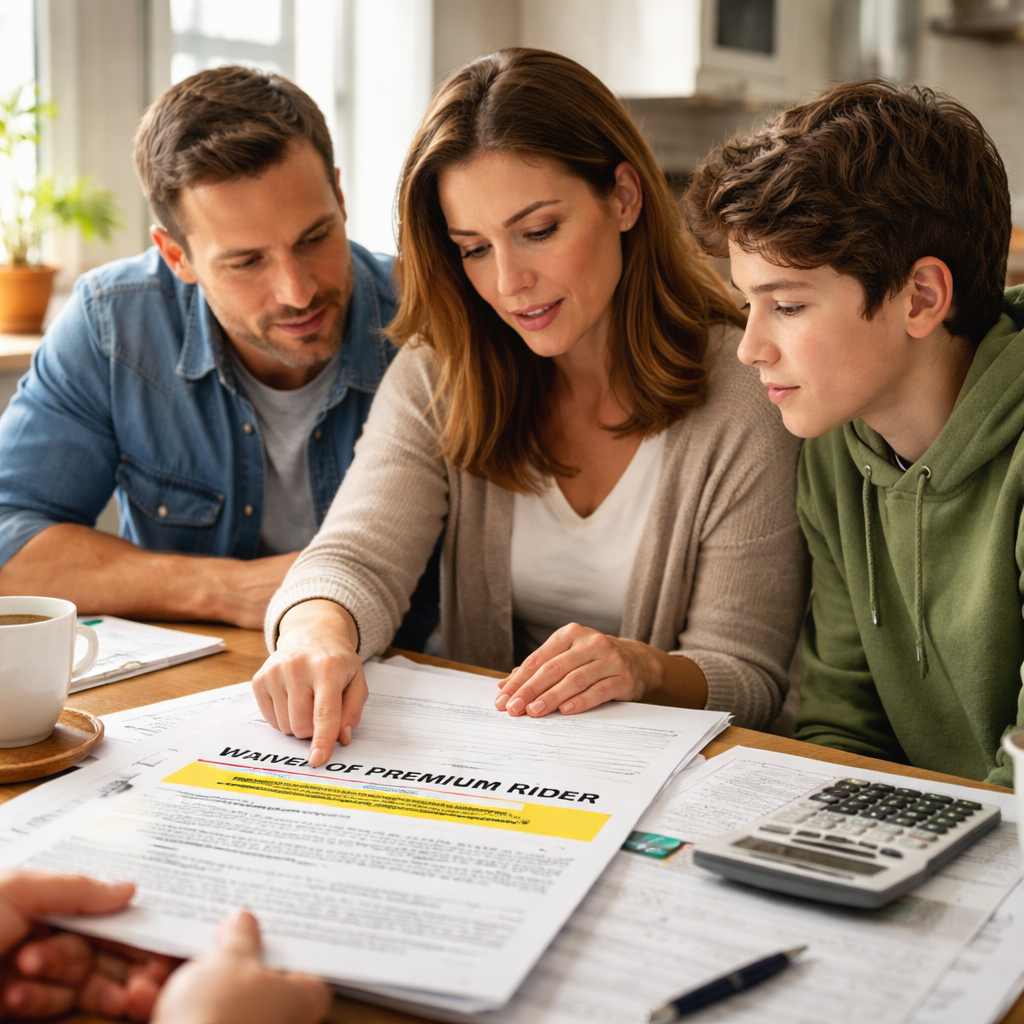 A photorealistic scene of a family gathered around a kitchen table, reviewing life‑insurance paperwork with a highlighted waiver of premium rider clause. The mother points to the rider details while the father and teenage child listen attentively. Alt: family reviewing waiver of premium rider life insurance details at home.