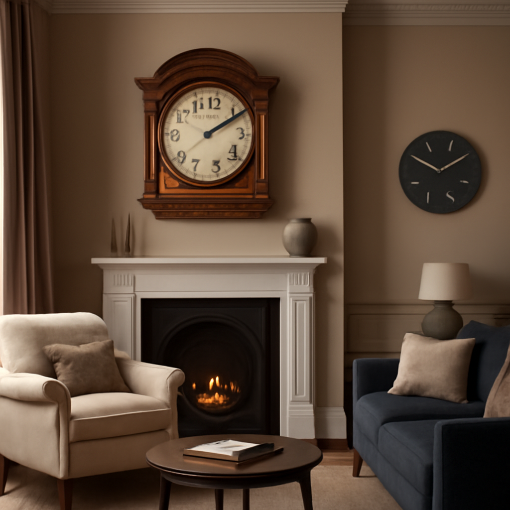 A luxurious UK living room with a bespoke wooden wall clock above a mantel, contrasting with a sleek mass‑market metal clock on a neighbouring wall. Alt: Bespoke vs mass‑market wall clocks for home interiors.