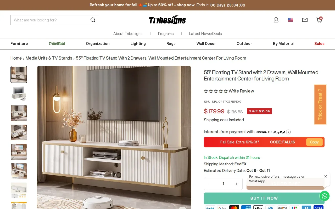 Screenshot of the Floating TV Stand by Tribesigns website