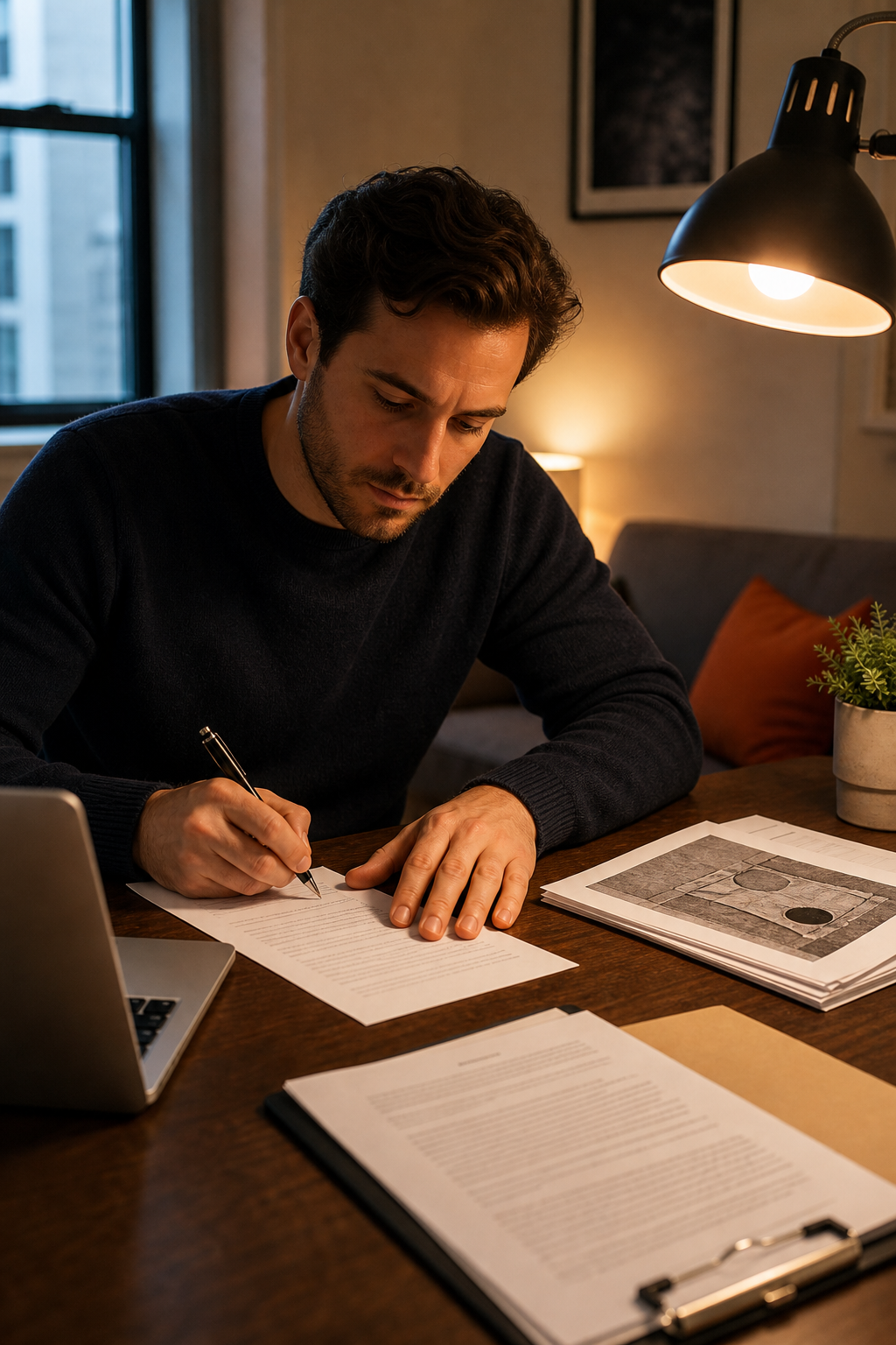 A photorealistic scene of a renter writing a formal letter at a desk with a lamp on, documents and a lease agreement visible nearby, warm indoor lighting with an orange accent. Alt: Renter documenting a warranty of habitability violation to send to their landlord.