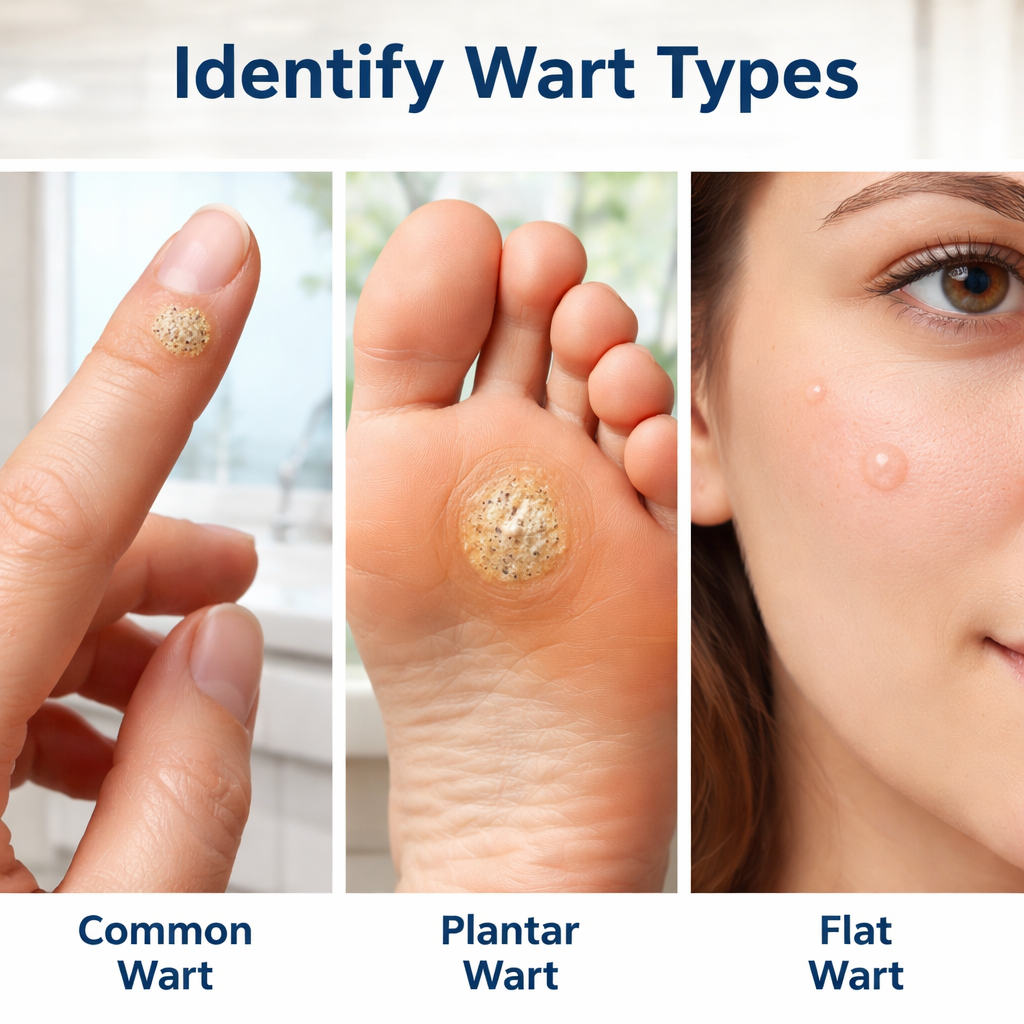 A photorealistic close‑up of a hand and foot showing different wart types – common wart on a finger, plantar wart on the sole, and flat wart on the cheek. Soft natural lighting, realistic skin texture, set in a bright bathroom mirror. Alt: