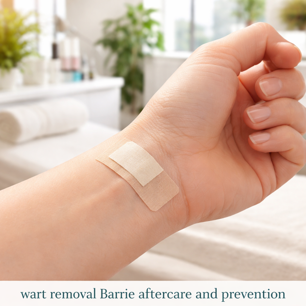 A photorealistic close-up of a healed wrist after wart removal, showing smooth skin with a light bandage, bright natural lighting, realistic skin texture, set in a modern Barrie medspa treatment room. Alt: