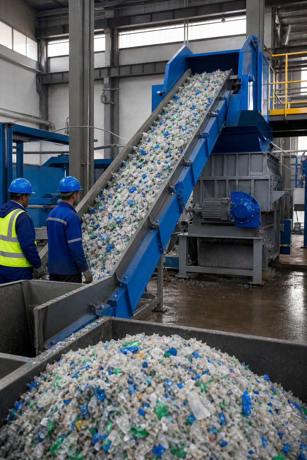A realistic industrial photo of a plastic recycling line showing a conveyor feeding a shredder, with workers in safety gear nearby. Alt: Plastic recycling line layout with shredder and conveyor.