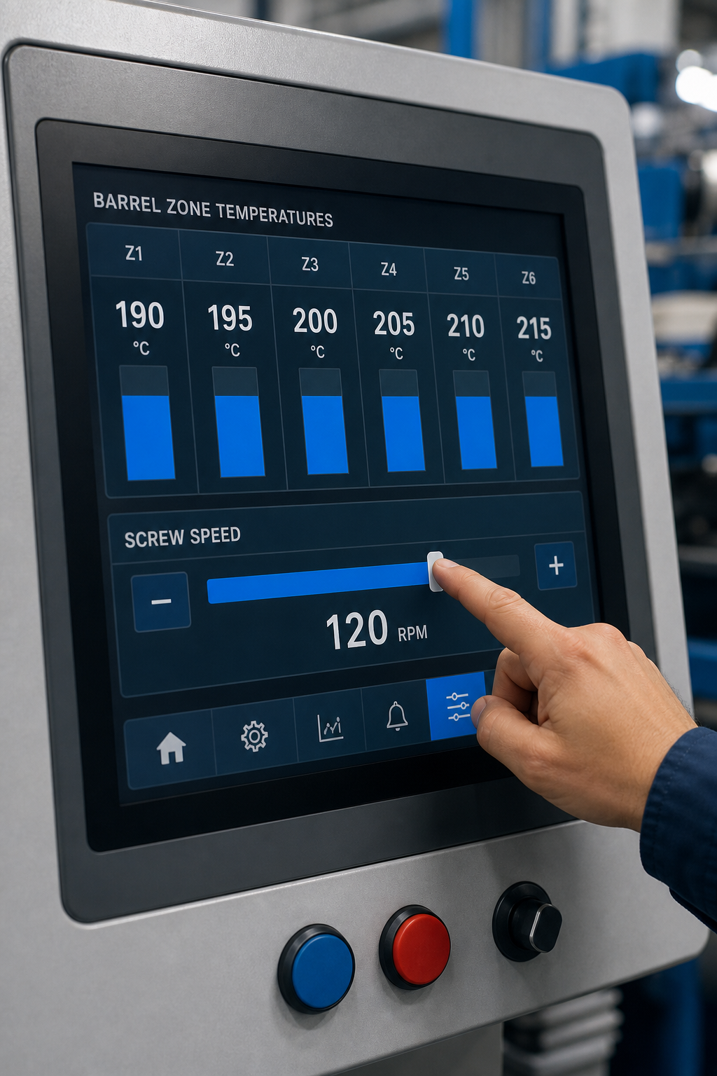Close-up of a control panel displaying barrel zone temperatures and screw speed, with an operator adjusting settings. Alt: Extruder control panel showing barrel temperatures and screw speed adjustments.