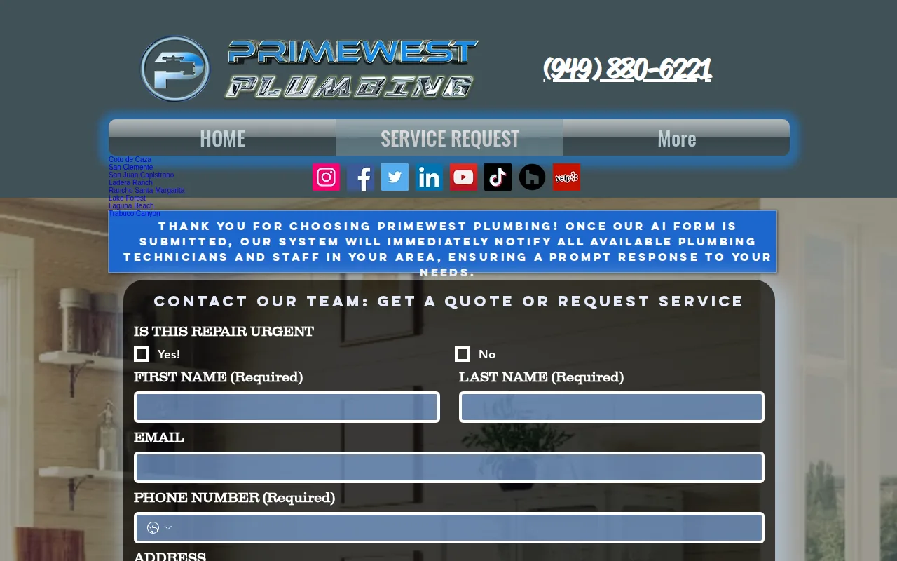 Screenshot of the Primewest Plumbing website
