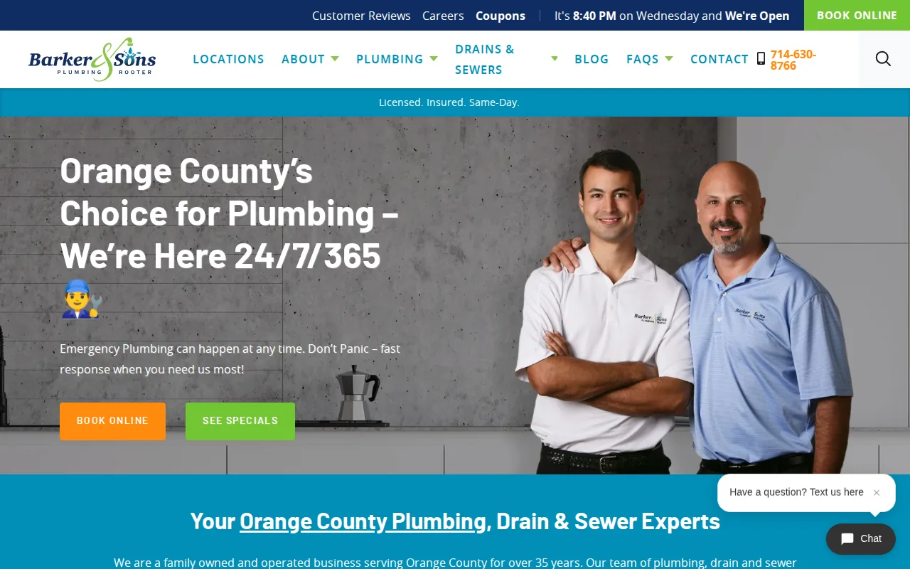 Screenshot of the Barker & Sons Plumbing website