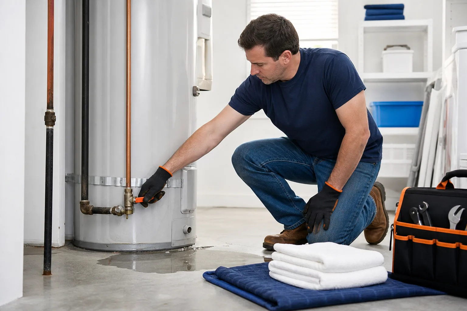 homeowner safely shutting off a leaking water heater