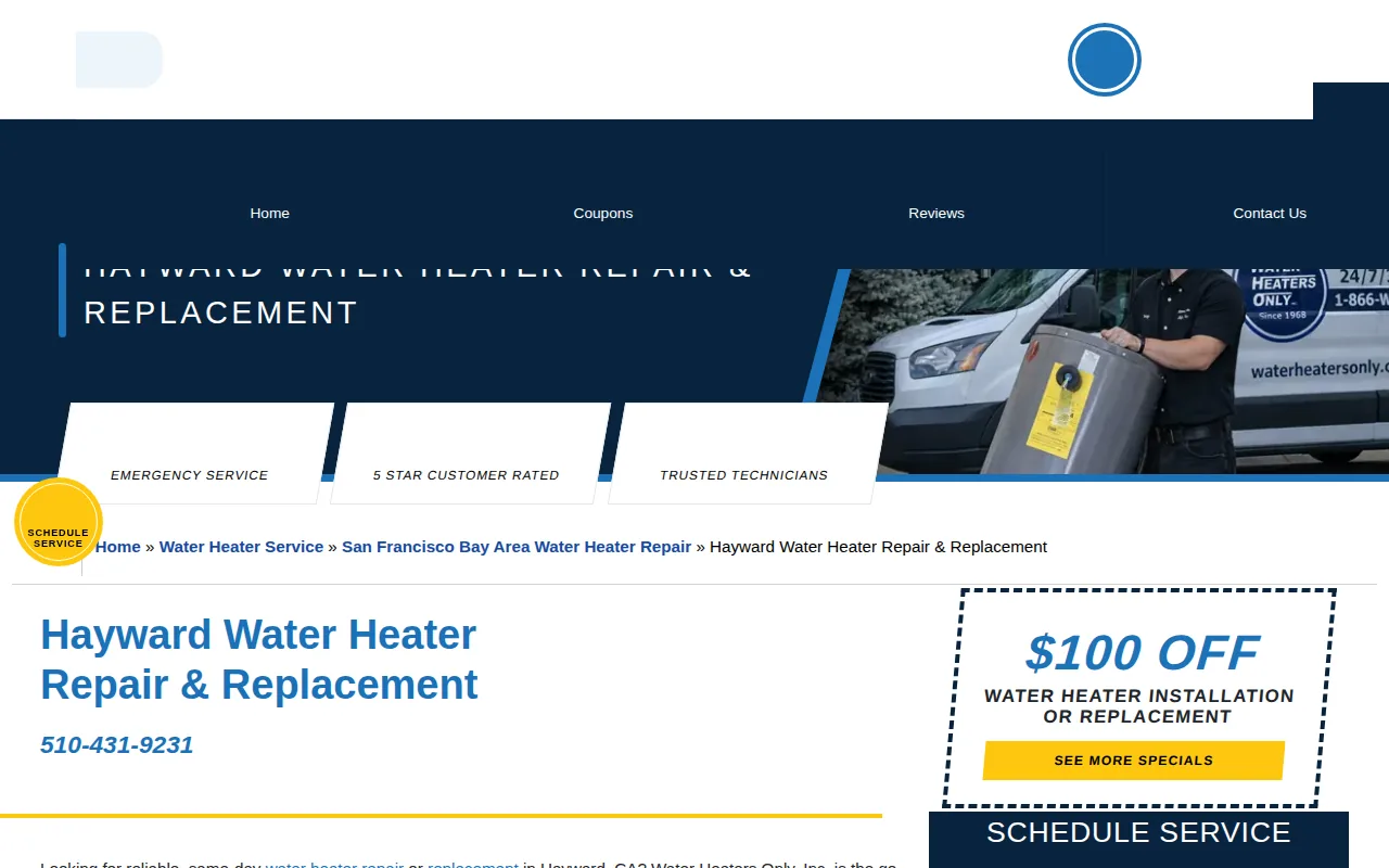 Screenshot of the Water Heaters Only website